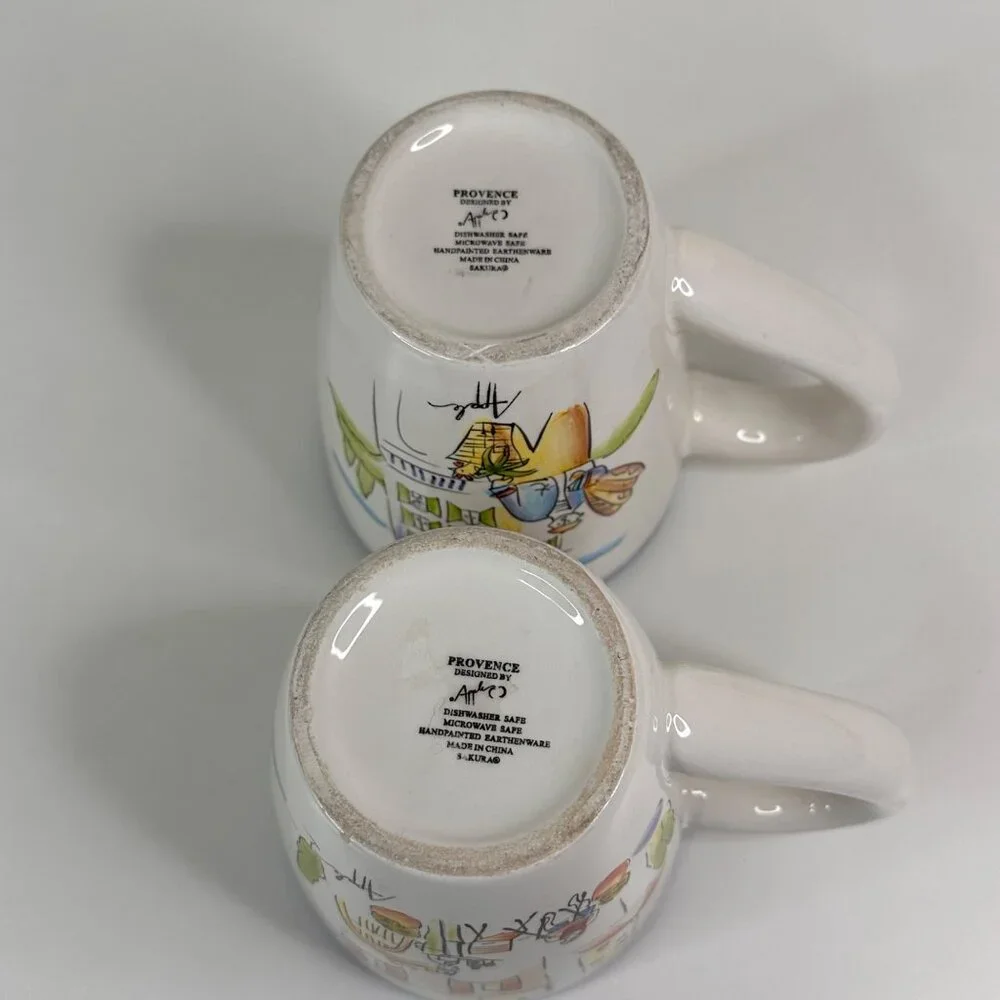 Provence Sakuar Handpainted Earthenware Mugs Signed By Apple Set Of 2